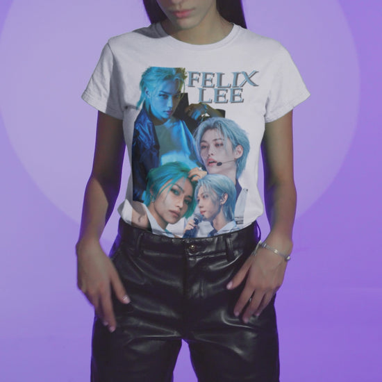 Video showcasing the Felix Lee SKZ unisex T-shirt in white, with collage-style portraits in deep blue tones. K-pop graphic tee made from soft, garment-dyed cotton. ModeK Vetements. 