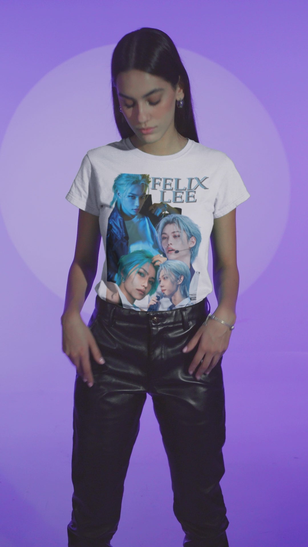 Video showcasing the Felix Lee SKZ unisex T-shirt in white, with collage-style portraits in deep blue tones. K-pop graphic tee made from soft, garment-dyed cotton. ModeK Vetements. 