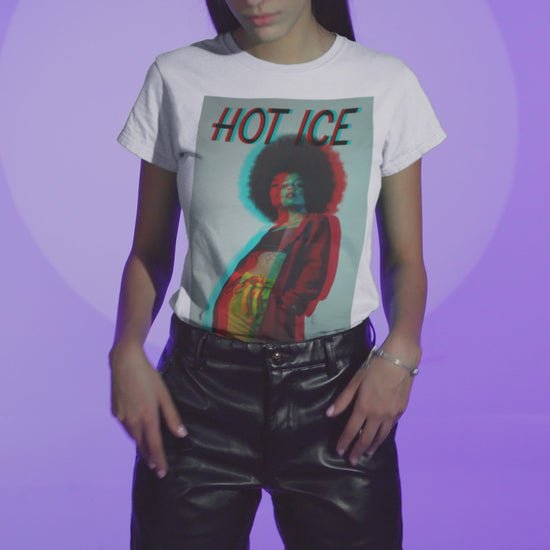 Video showcasing the HOT ICE T-Shirt featuring a 3D glitch effect with red and blue overlays, retro-futuristic digital distortion, and bold typography on a unisex graphic tee.