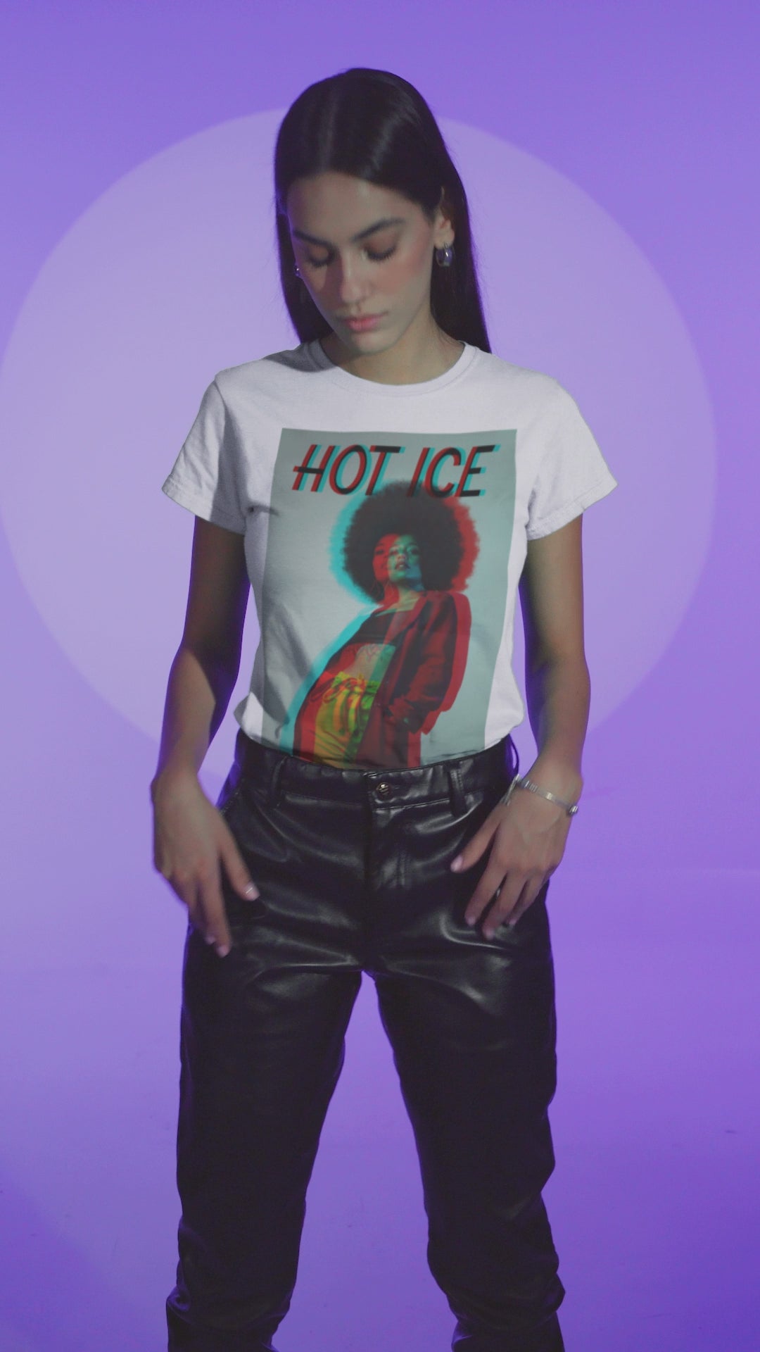 Video showcasing the HOT ICE T-Shirt featuring a 3D glitch effect with red and blue overlays, retro-futuristic digital distortion, and bold typography on a unisex graphic tee.