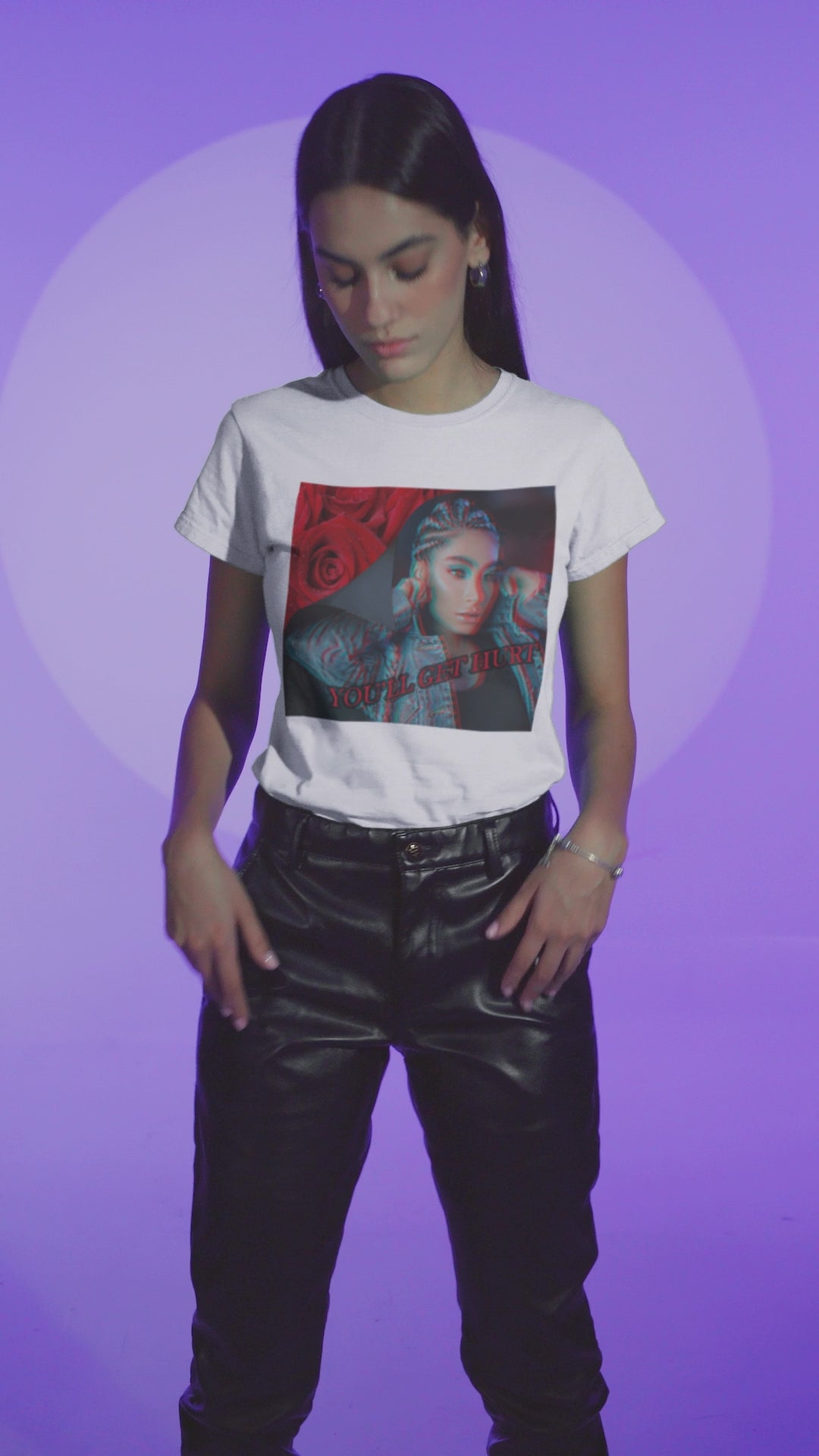 Video showcasing the Unisex cotton t-shirt in white, with glitch-effect design of a woman beside red roses and the text “You’ll get hurt.” Feminist message printed on 100% US cotton, ethically made and Oeko-Tex certified. ModeK Vetements.