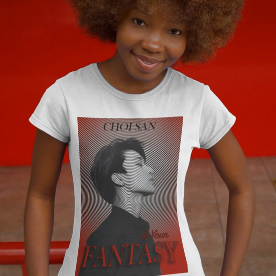 Video showcasing Choi San ATEEZ in profile, surrounded by a hypnotic circular pattern centered on his neck, with a platinum-to-blood-red gradient and bold In Your Fantasy lettering on unisex cotton t-shirt in white. From ModeK Vetements.