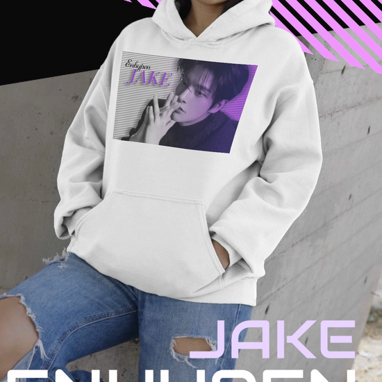 Video Showcasing the Unisex hoodie, from 100% organic, combed, ring-spun cotton, in white, featuring Jake of Enhypen with amethyst-toned scan lines and bold typography. From ModeK Vetements.
