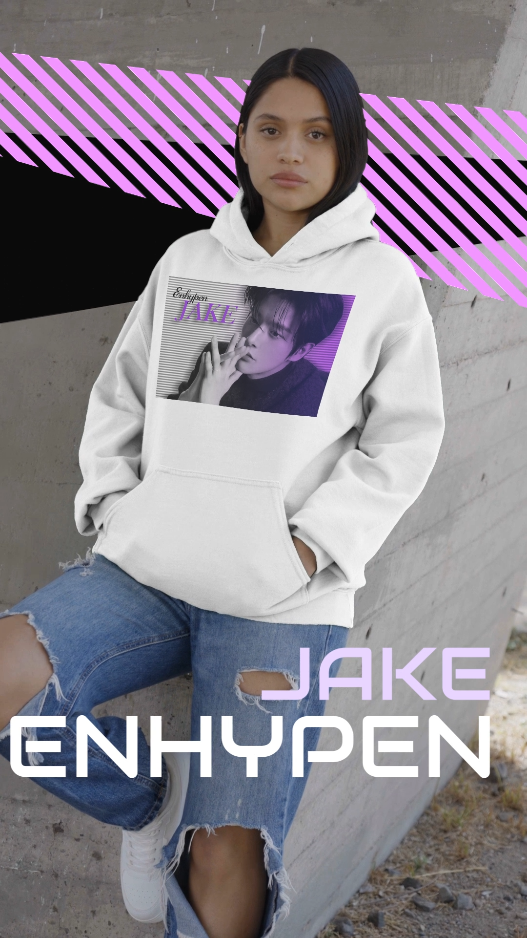 Video Showcasing the Unisex hoodie, from 100% organic, combed, ring-spun cotton, in white, featuring Jake of Enhypen with amethyst-toned scan lines and bold typography. From ModeK Vetements.
