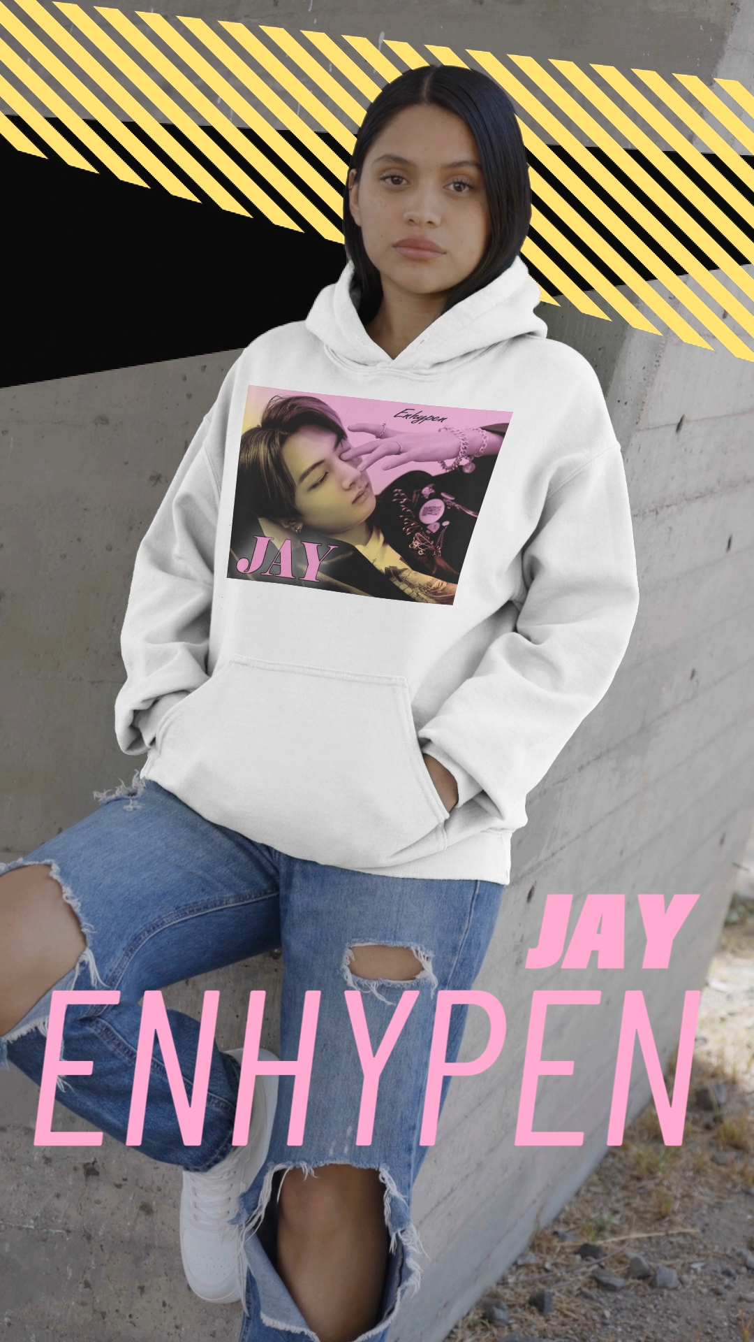 Video showcasing the unisex hoodie featuring Jay from ENHYPEN, with a soft gradient from lavender rose to jasmine. Serene, dreamy pose with safety pins, rings, and chains. From ModeKVetements.