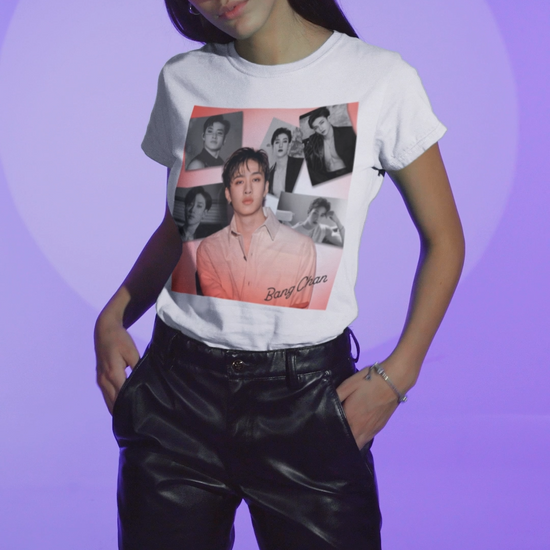 Video showcasing the Bang Chan Stray Kids Unisex T-Shirt in white, featuring a soft pink glow and black-and-white portraits. A design capturing his warmth, quiet confidence, and magnetic presence. 100% ring-spun cotton from ModeK Vetements.