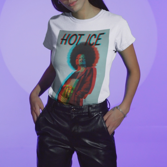 Video showcasing the HOT ICE unisex T-Shirt in white featuring a 3D glitch effect with red and blue overlays, retro-futuristic digital distortion, and bold typography. 100% ringspun cotton from ModeK Vetements.