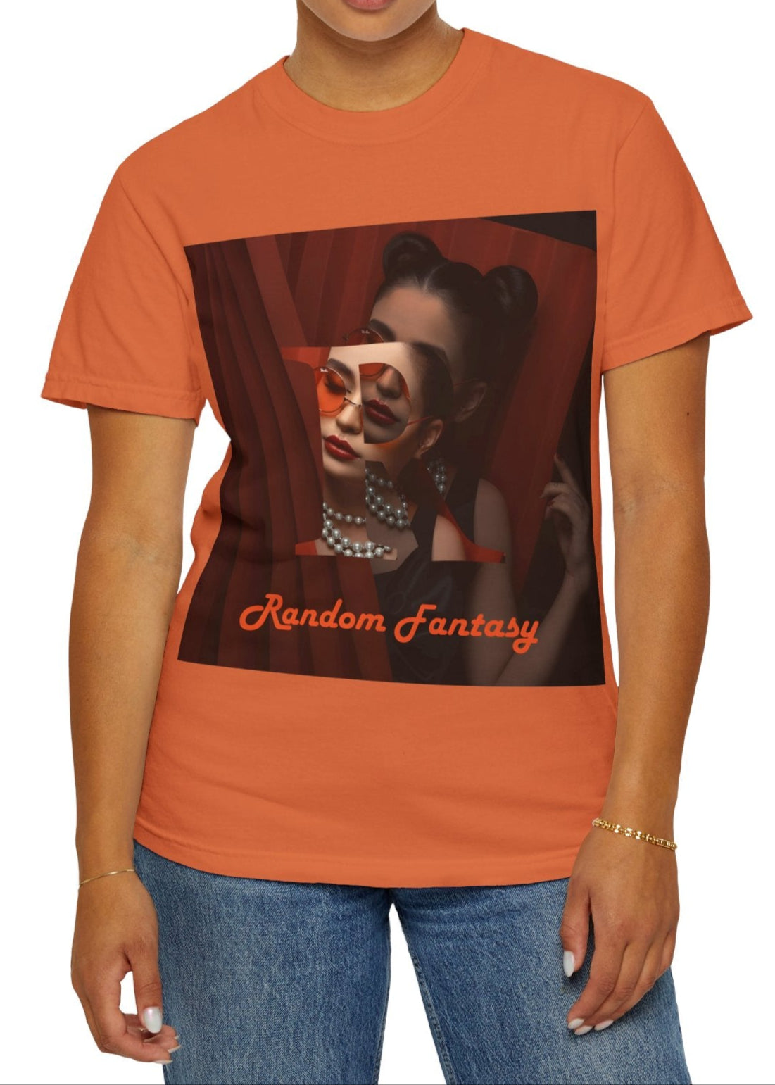 A stylish graphic T-shirt in burnt orange featuring a fusion of artistic typography and portrait design. The bold "R" overlays a high-contrast image of a woman framed by deep red, curtain-like elements, evoking a theatrical stage presence. A statement piece for those who embrace creativity, drama, and bold self-expression. ModeK Vetements.