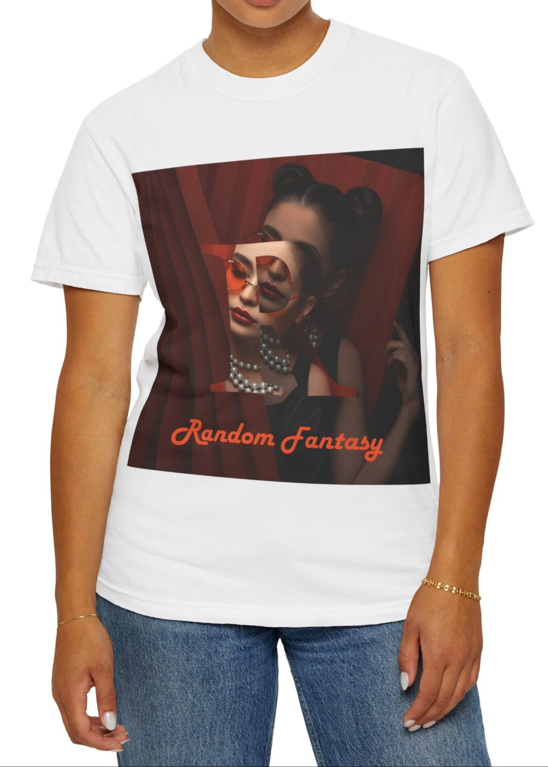 A stylish graphic T-shirt in white featuring a fusion of artistic typography and portrait design. The bold "R" overlays a high-contrast image of a woman framed by deep red, curtain-like elements, evoking a theatrical stage presence. A statement piece for those who embrace creativity, drama, and bold self-expression. ModeK Vetements.