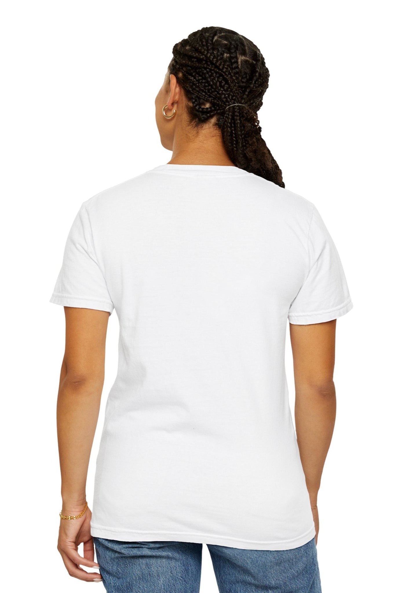 Back view of the Seonghwa ATEEZ Unisex T-Shirt – Experiment in Contrasts. A plain white back with a classic crew neckline and short sleeves, showcasing the relaxed fit of the Comfort Colors 1717 tee. ModeK Vetements.