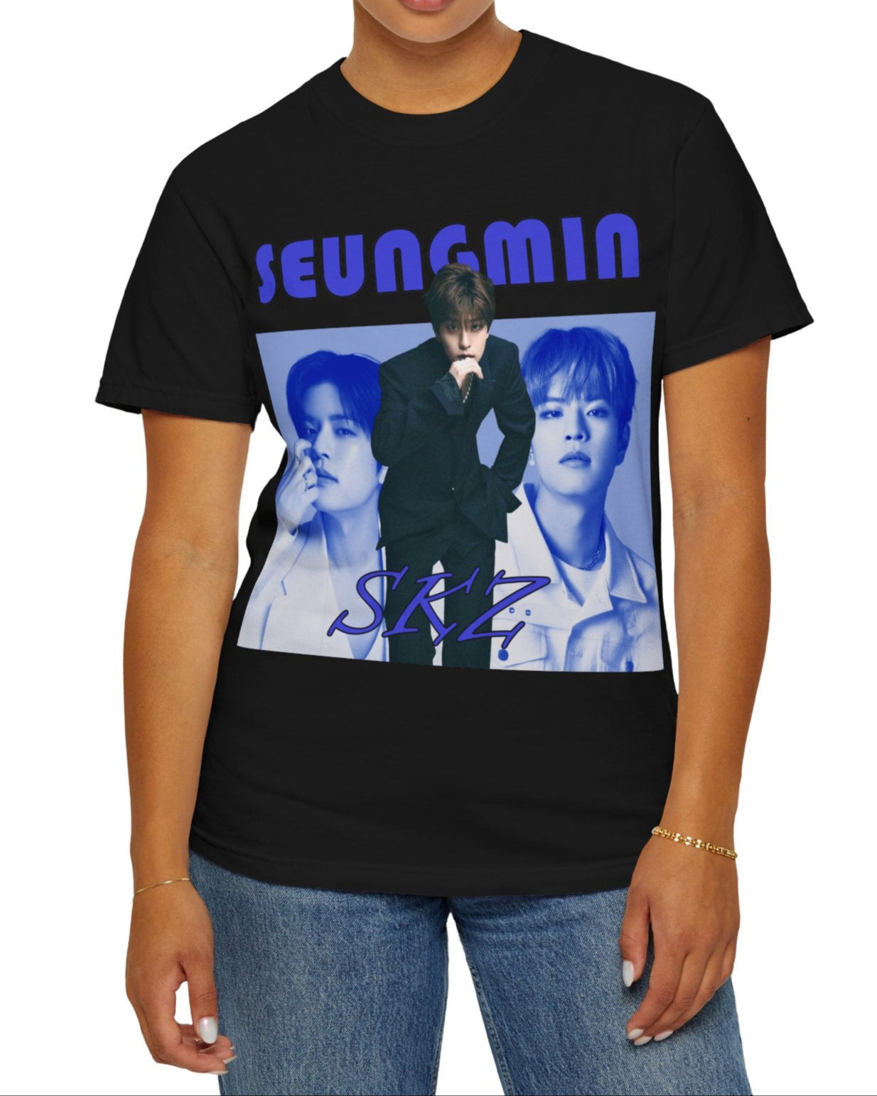Seungmin Stray Kids unisex T-shirt in black, with a retro-style collage in cool blue tones. Features three portraits and bold vintage-inspired text. ModeK Vetements.