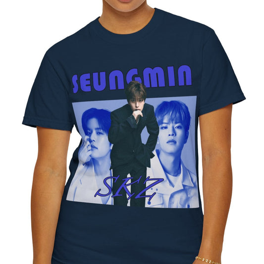 Seungmin Stray Kids unisex T-shirt in true navy, with a retro-style collage in cool blue tones. Features three portraits and bold vintage-inspired text. ModeK Vetements.