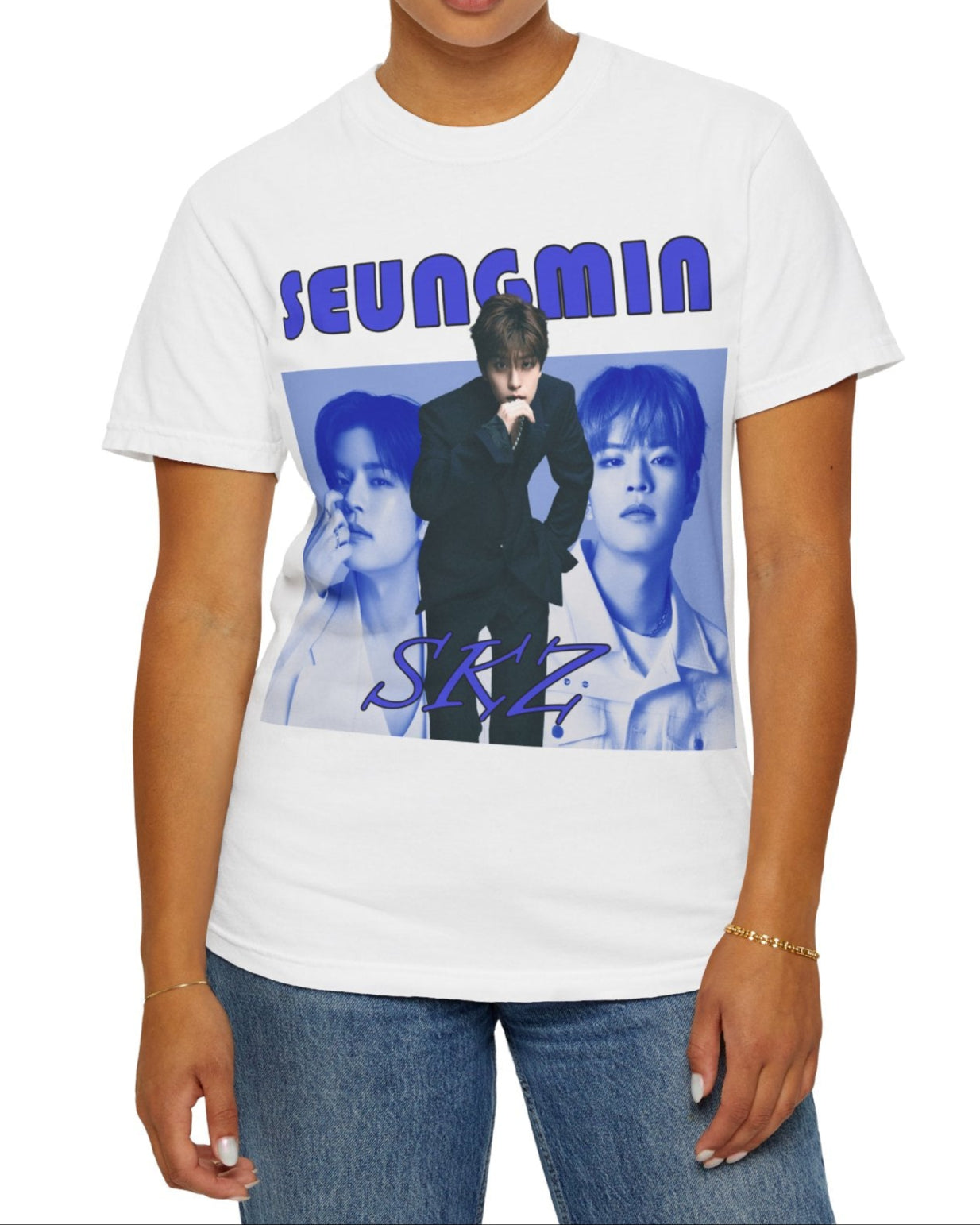 Seungmin Stray Kids unisex T-shirt in white, with a retro-style collage in cool blue tones. Features three portraits and bold vintage-inspired text. ModeK Vetements.