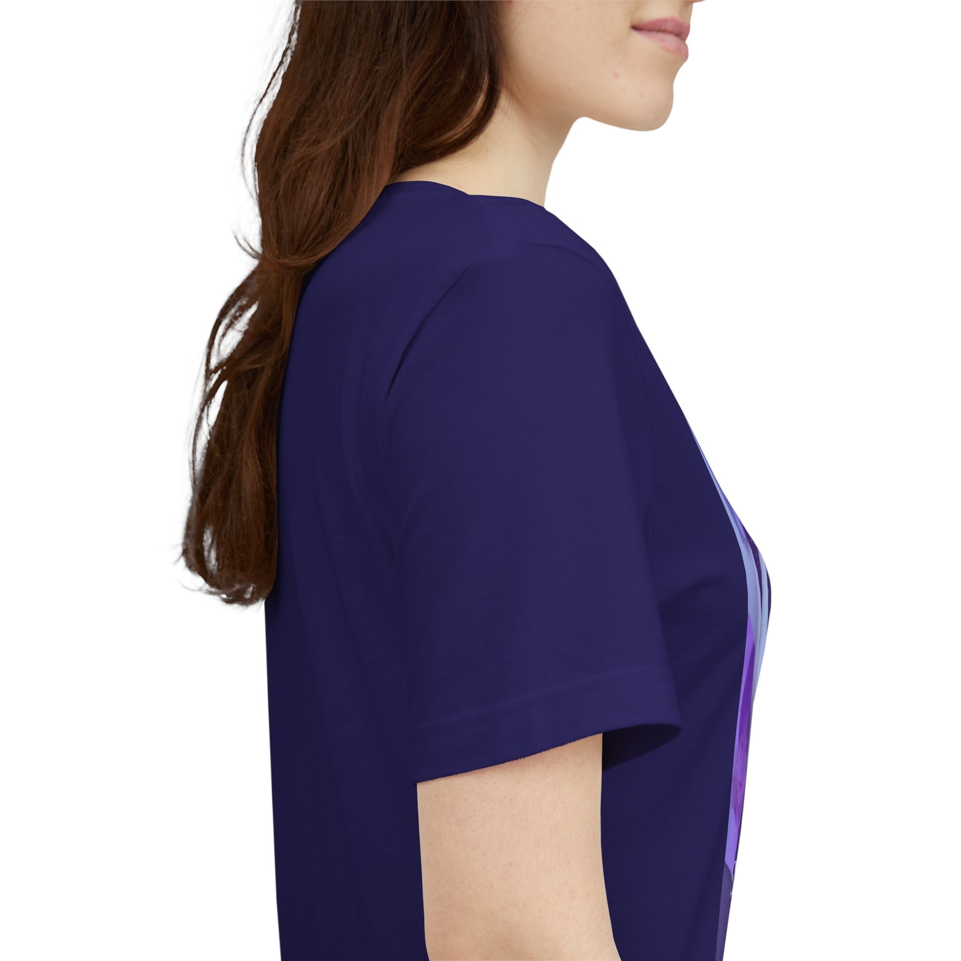 Profile view of the model showcasing the unisex, jersey, airlume combed and ringspun cotton T-Shirt in team navy, with a graphic design. It features Stray Kids' Seungmin in a sleeveless crochet top and blueberry tie. He poses thoughtfully against a periwinkle backdrop with a mist-covered collage of lavender, magazine-style photos. At the bottom, "SKZ SEUNGMIN" is written in pale lily-blue with a soft drop shadow. From ModeK Vetments.