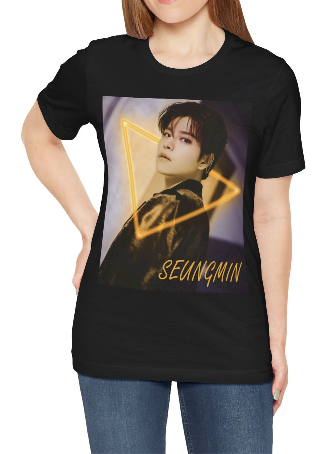 Seungmin Stray Kids Unisex T-Shirt in black – K-pop fan merch with a neon triangle design. His intense gaze invites mystery and style on soft Airlume cotton. ModeK Vetements.