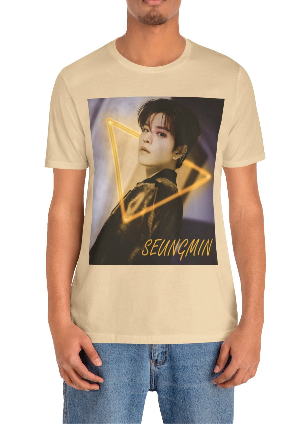 Seungmin Stray Kids Unisex T-Shirt in soft cream – K-pop fan merch with a neon triangle design. His intense gaze invites mystery and style on soft Airlume cotton. ModeK Vetements.