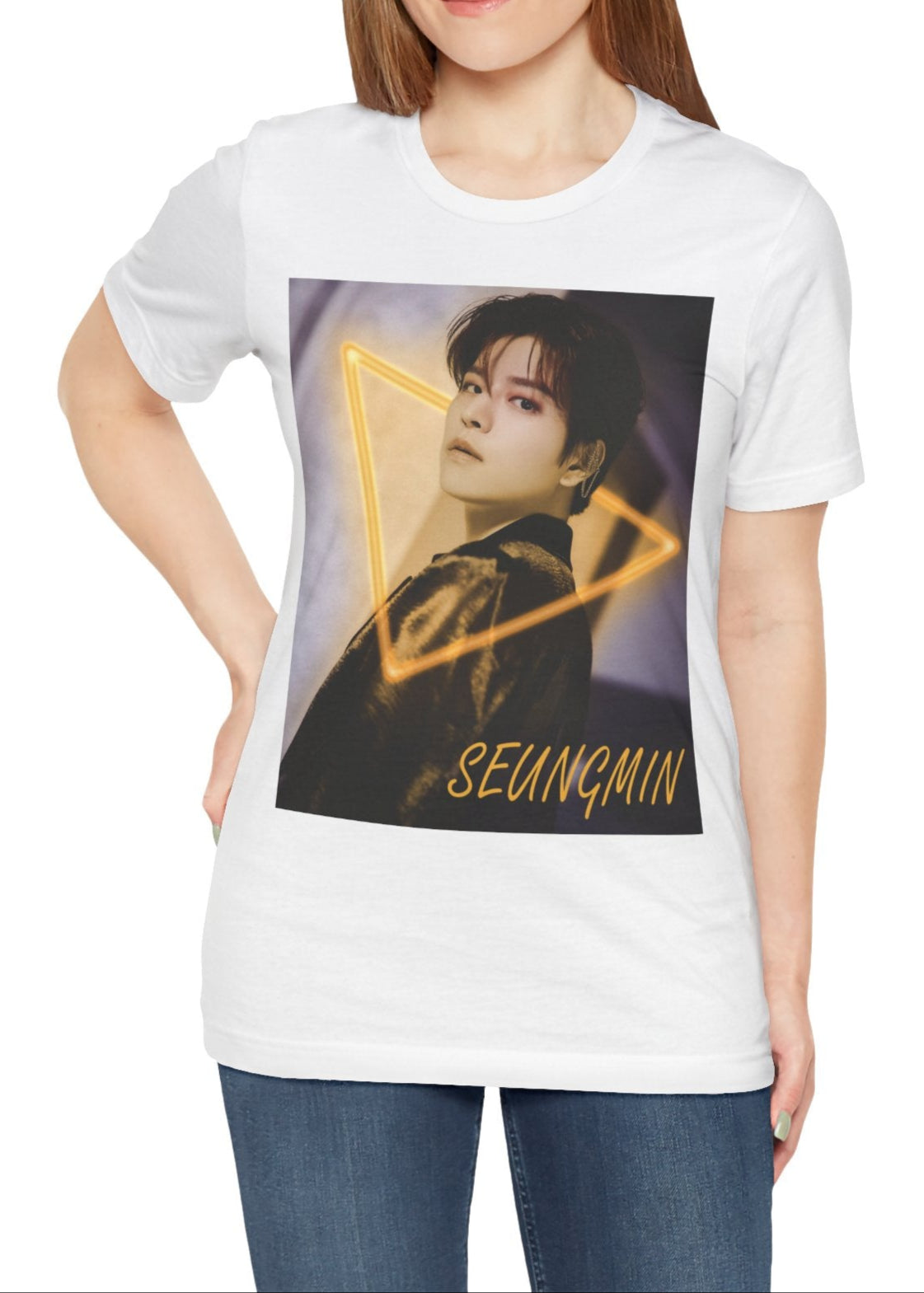 Seungmin Stray Kids Unisex T-Shirt in white – K-pop fan merch with a neon triangle design. His intense gaze invites mystery and style on soft Airlume cotton. ModeK Vetements.