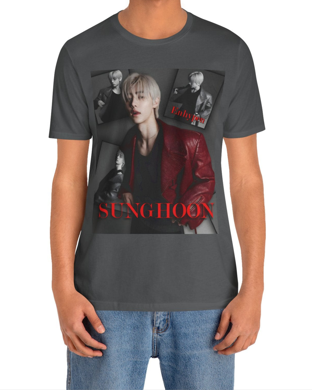 Unisex airlume combed and ring-spun cotton T-shirt in asphalt, featuring Sunghoon of ENHYPEN in a high-fashion monochrome collage. Styled in a red leather jacket, he appears paused mid-glance, framed by cinematic shadows in a Giallo Noir atmosphere. Editorial composition, smooth fabric, soft print finish. From ModeK Vetements.