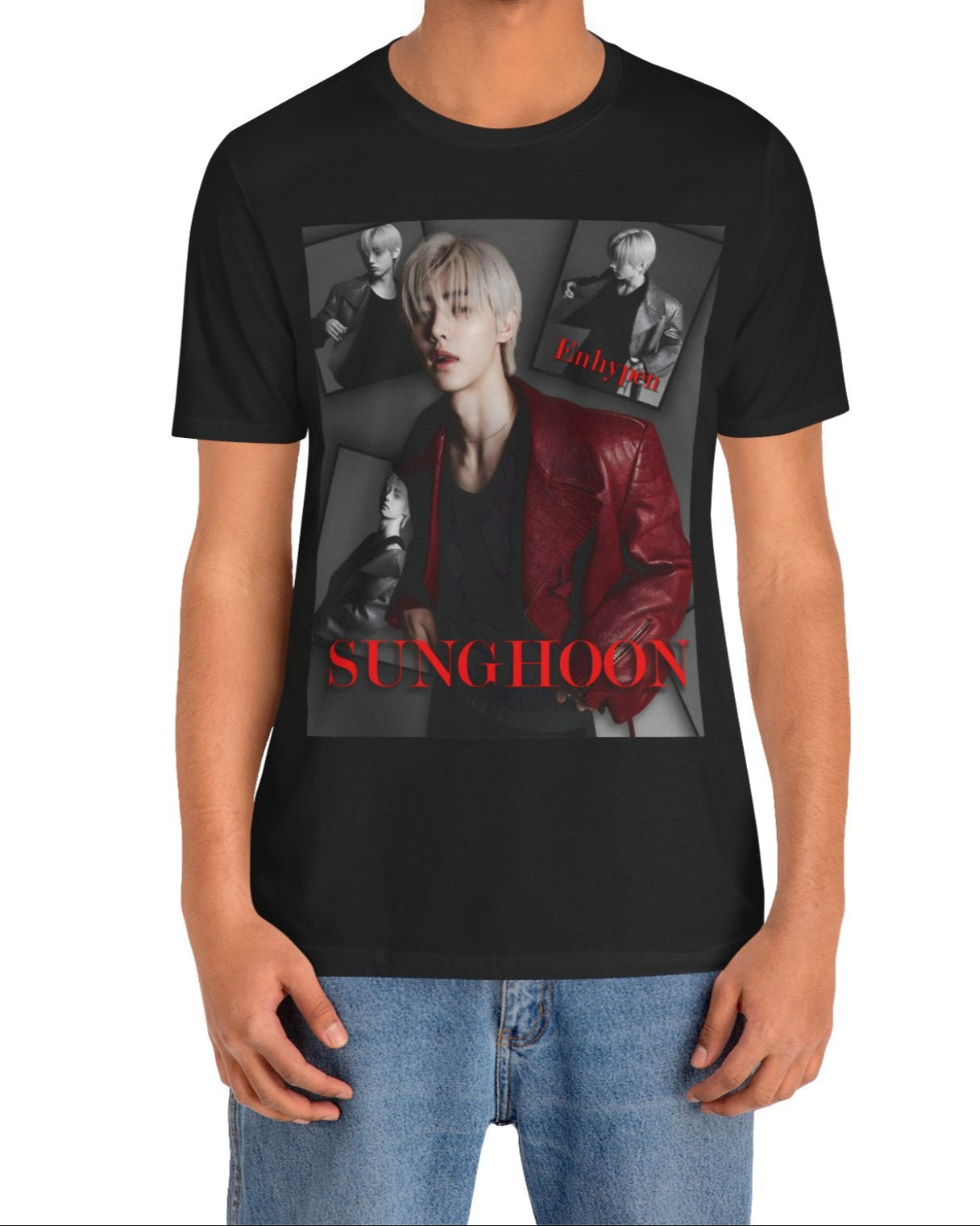 Unisex airlume combed and ring-spun cotton T-shirt in black, featuring Sunghoon of ENHYPEN in a high-fashion monochrome collage. Styled in a red leather jacket, he appears paused mid-glance, framed by cinematic shadows in a Giallo Noir atmosphere. Editorial composition, smooth fabric, soft print finish. From ModeK Vetements.