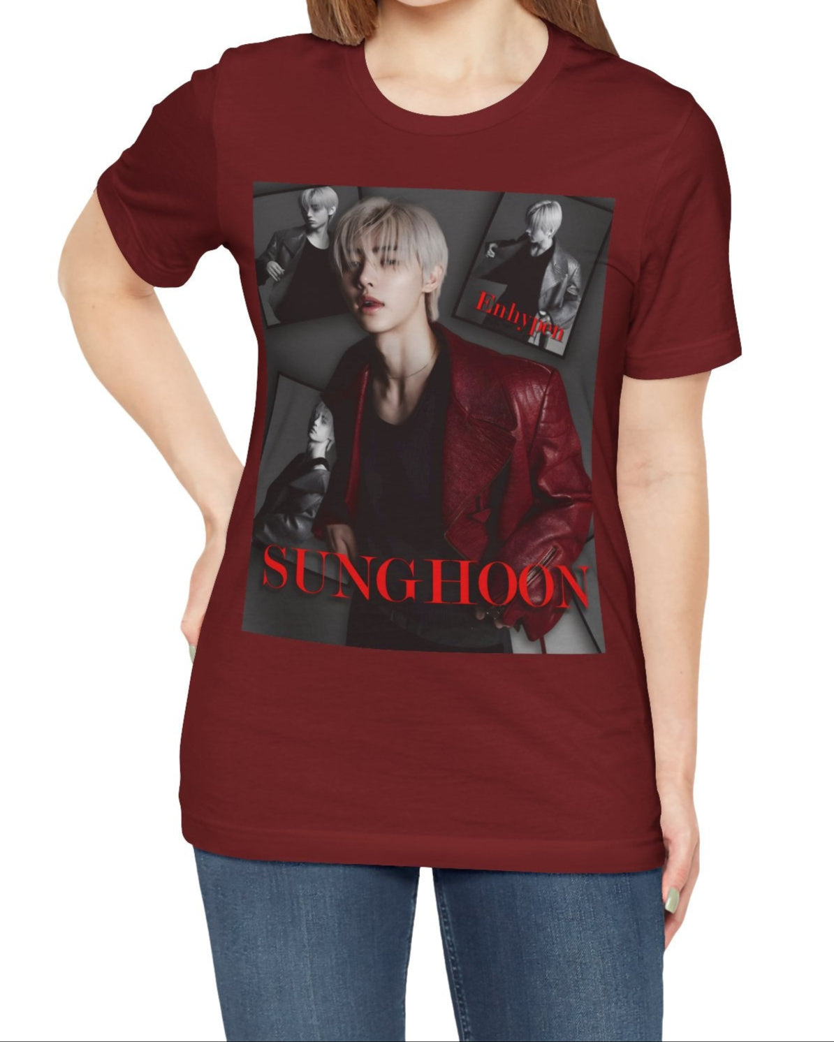 Unisex airlume combed and ring-spun cotton T-shirt in cardinal, featuring Sunghoon of ENHYPEN in a high-fashion monochrome collage. Styled in a red leather jacket, he appears paused mid-glance, framed by cinematic shadows in a Giallo Noir atmosphere. Editorial composition, smooth fabric, soft print finish. From ModeK Vetements.