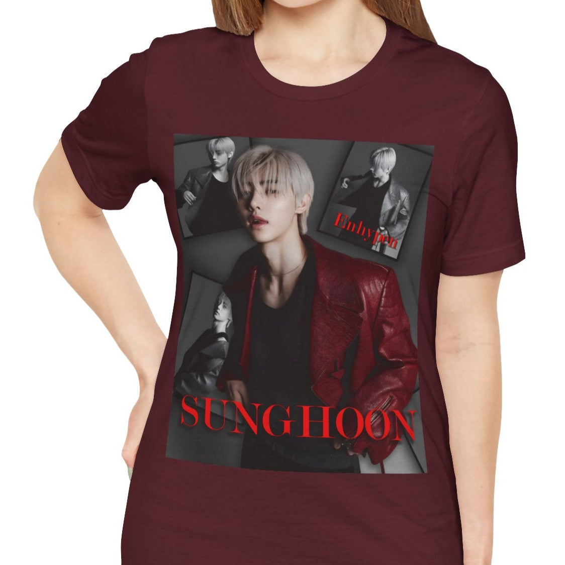 Unisex airlume combed and ring-spun cotton T-shirt in maroon, featuring Sunghoon of ENHYPEN in a high-fashion monochrome collage. Styled in a red leather jacket, he appears paused mid-glance, framed by cinematic shadows in a Giallo Noir atmosphere. Editorial composition, smooth fabric, soft print finish. From ModeK Vetements.