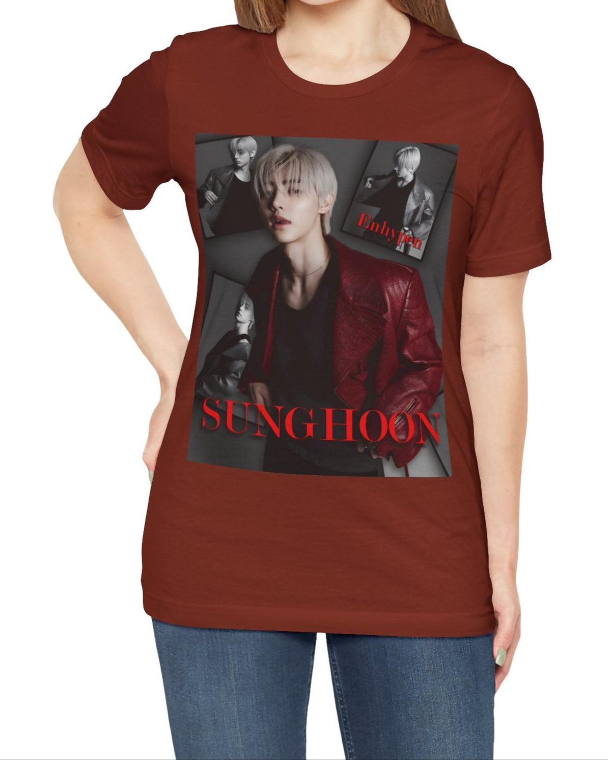 Unisex airlume combed and ring-spun cotton T-shirt in rust, featuring Sunghoon of ENHYPEN in a high-fashion monochrome collage. Styled in a red leather jacket, he appears paused mid-glance, framed by cinematic shadows in a Giallo Noir atmosphere. Editorial composition, smooth fabric, soft print finish. From ModeK Vetements.