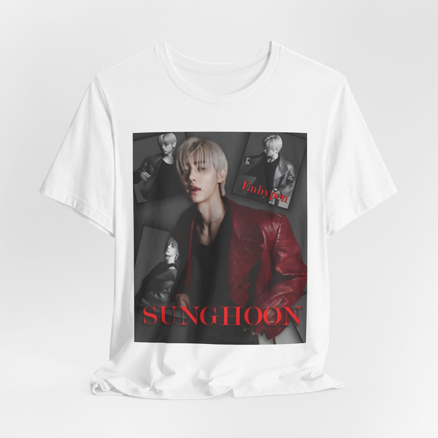 Draped Unisex airlume cotton T-shirt in white, featuring Sunghoon of ENHYPEN in a high-fashion monochrome collage. Styled in a red leather jacket, he appears paused mid-glance, framed by cinematic shadows in a Giallo Noir atmosphere. Editorial composition, smooth fabric, soft print finish. From ModeK Vetements.
