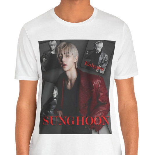 Unisex airlume combed and ring-spun cotton T-shirt in white, featuring Sunghoon of ENHYPEN in a high-fashion monochrome collage. Styled in a red leather jacket, he appears paused mid-glance, framed by cinematic shadows in a Giallo Noir atmosphere. Editorial composition, smooth fabric, soft print finish. From ModeK Vetements.