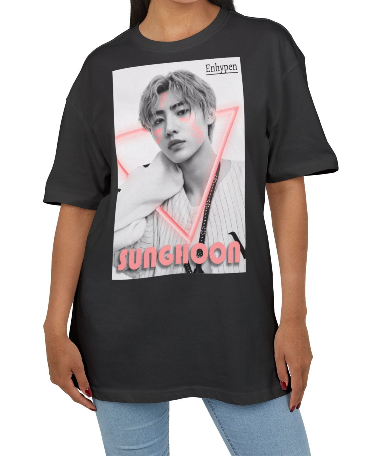 Unisex oversized heavy cotton T-shirt in black, featuring Sunghoon of ENHYPEN in a synthwave-inspired design with cornflower lilac neon triangle, geometrical face tattoos, and vintage font. From ModeK Vetements.