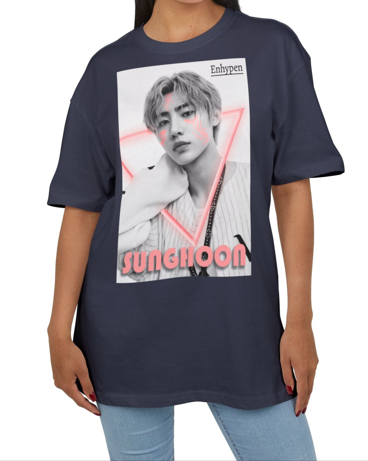 Unisex oversized heavy cotton T-shirt in navy, featuring Sunghoon of ENHYPEN in a synthwave-inspired design with cornflower lilac neon triangle, geometrical face tattoos, and vintage font. From ModeK Vetements.