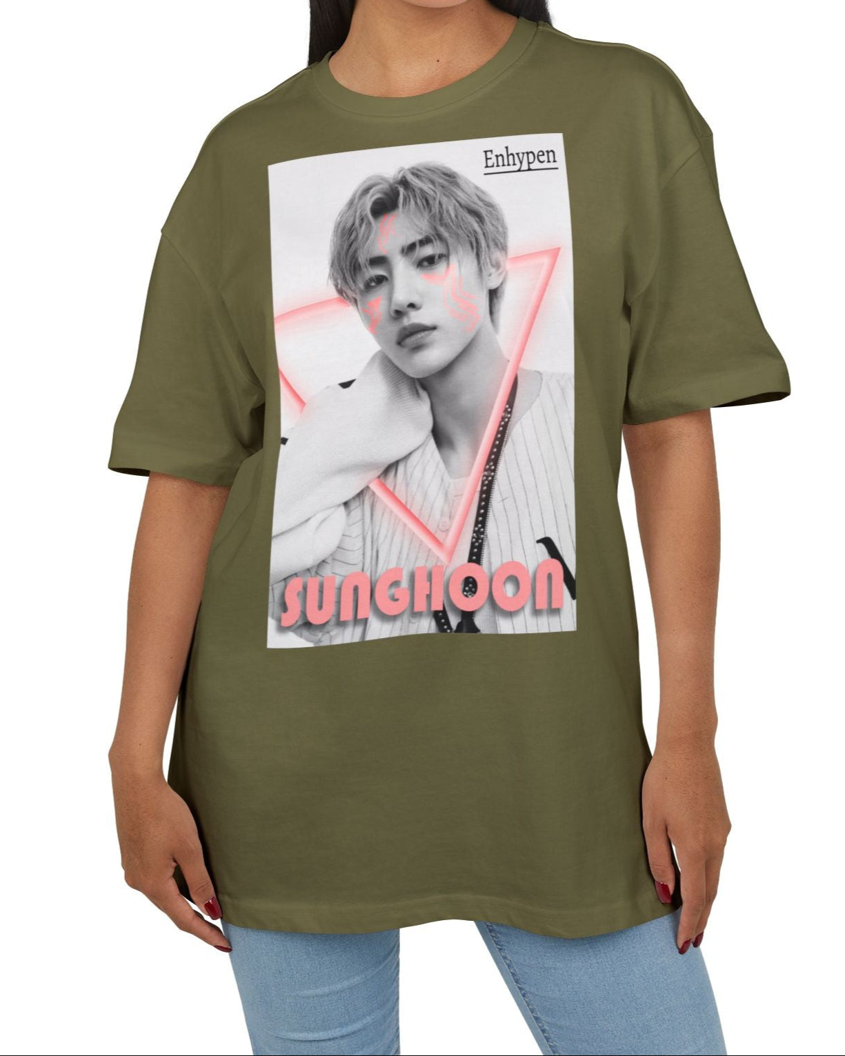 Unisex oversized heavy cotton T-shirt in olive, featuring Sunghoon of ENHYPEN in a synthwave-inspired design with cornflower lilac neon triangle, geometrical face tattoos, and vintage font. From ModeK Vetements.