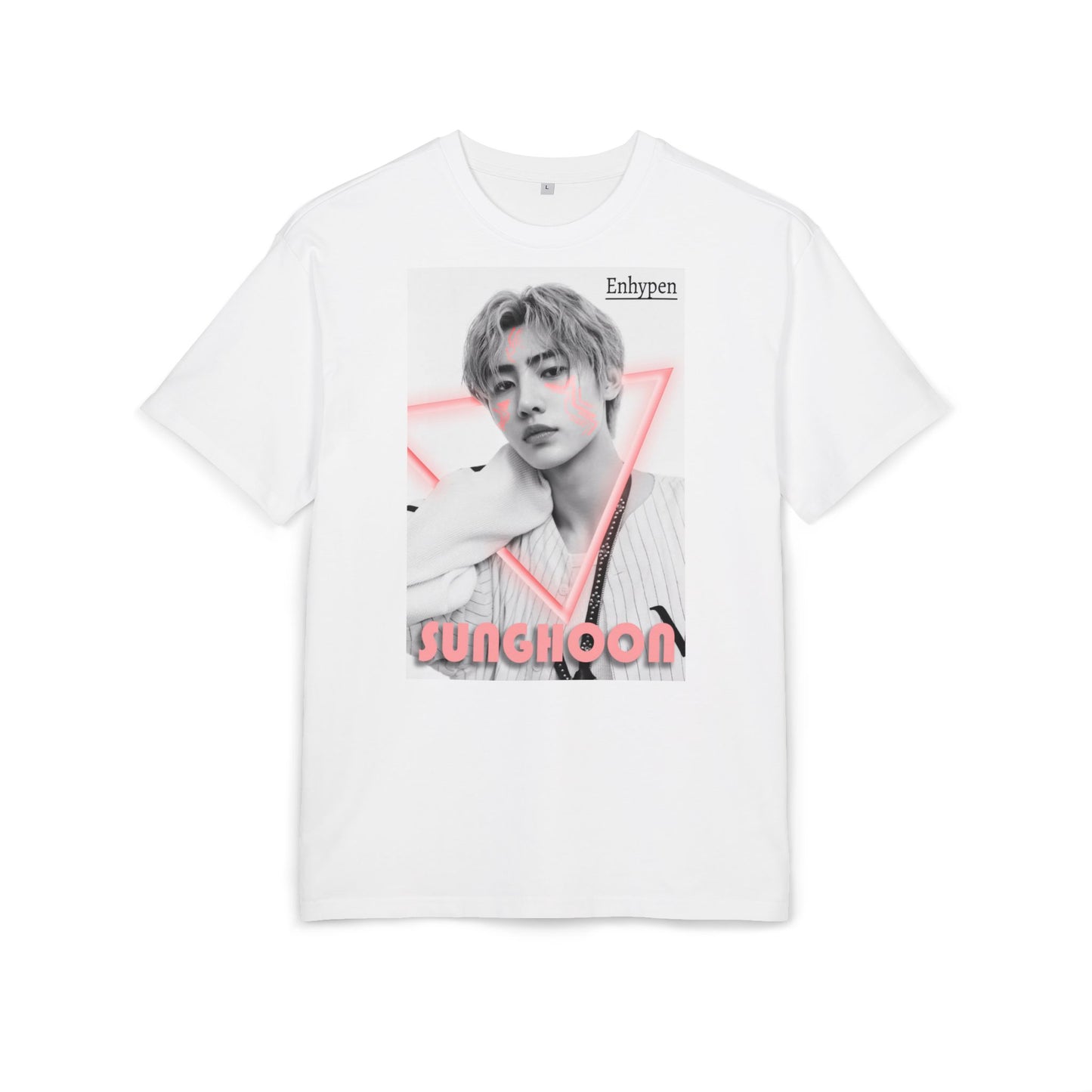 Flat Unisex oversized heavy cotton T-shirt in white, featuring Sunghoon of ENHYPEN in a synthwave-inspired design with cornflower lilac neon triangle, geometrical face tattoos, and vintage font. From ModeK Vetements.