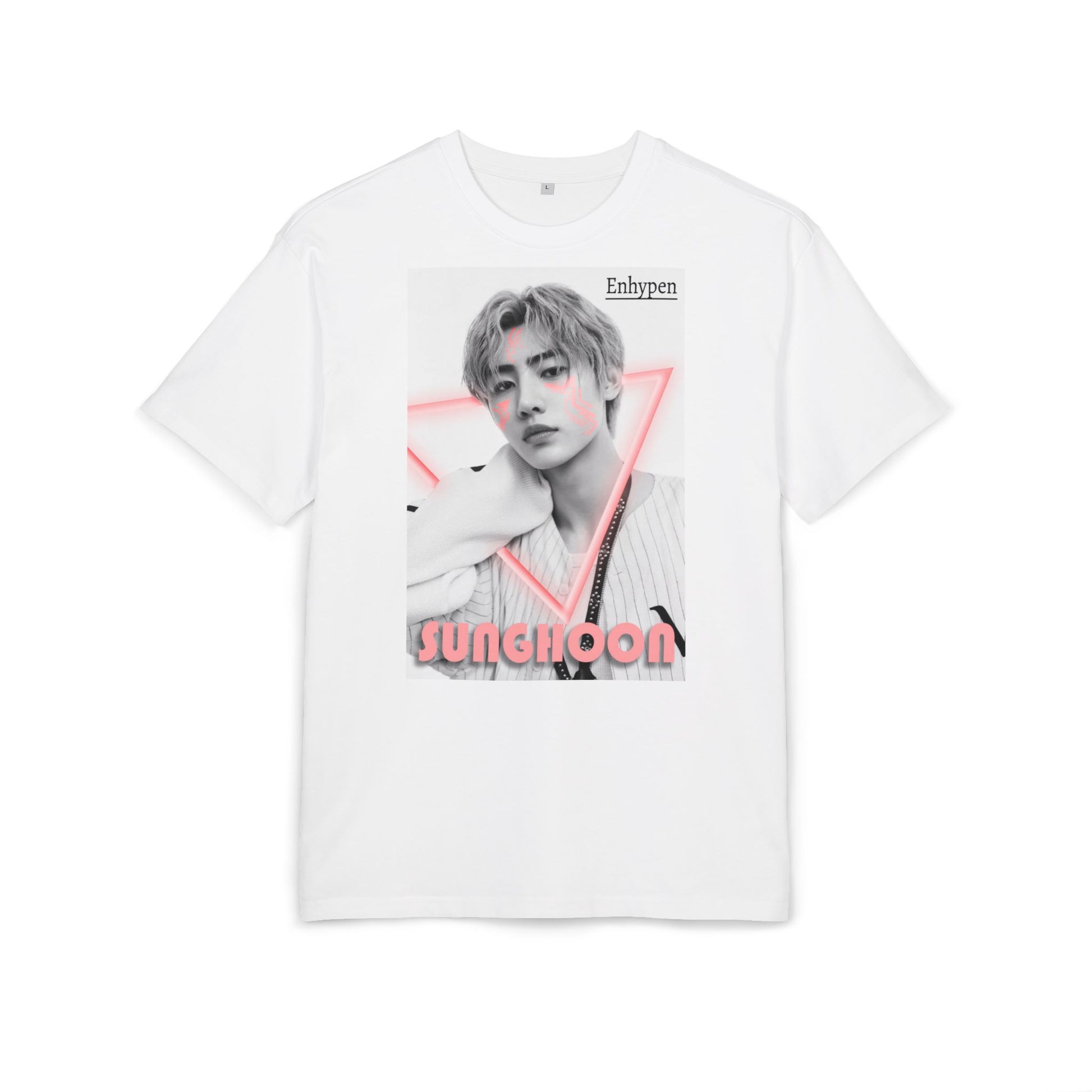 Flat Unisex oversized heavy cotton T-shirt in white, featuring Sunghoon of ENHYPEN in a synthwave-inspired design with cornflower lilac neon triangle, geometrical face tattoos, and vintage font. From ModeK Vetements.