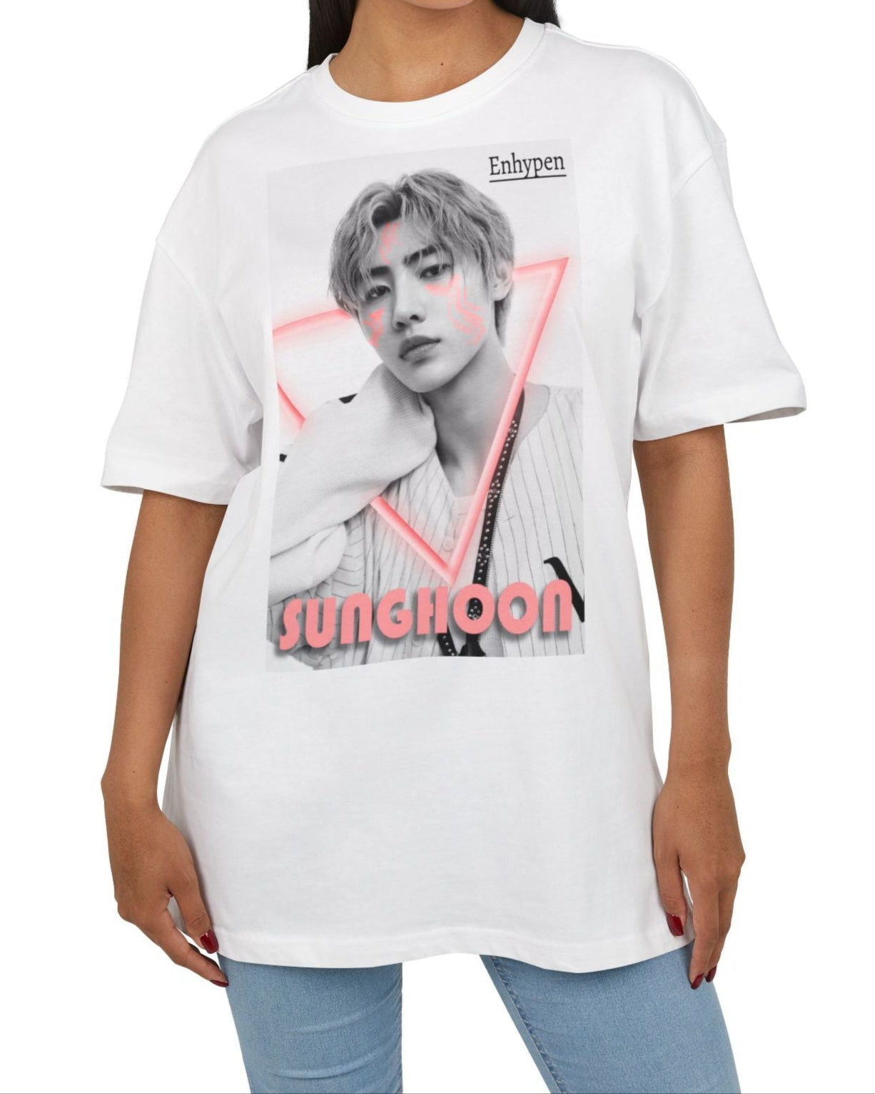 Unisex oversized heavy cotton T-shirt in white, featuring Sunghoon of ENHYPEN in a synthwave-inspired design with cornflower lilac neon triangle, geometrical face tattoos, and vintage font. From ModeK Vetements.