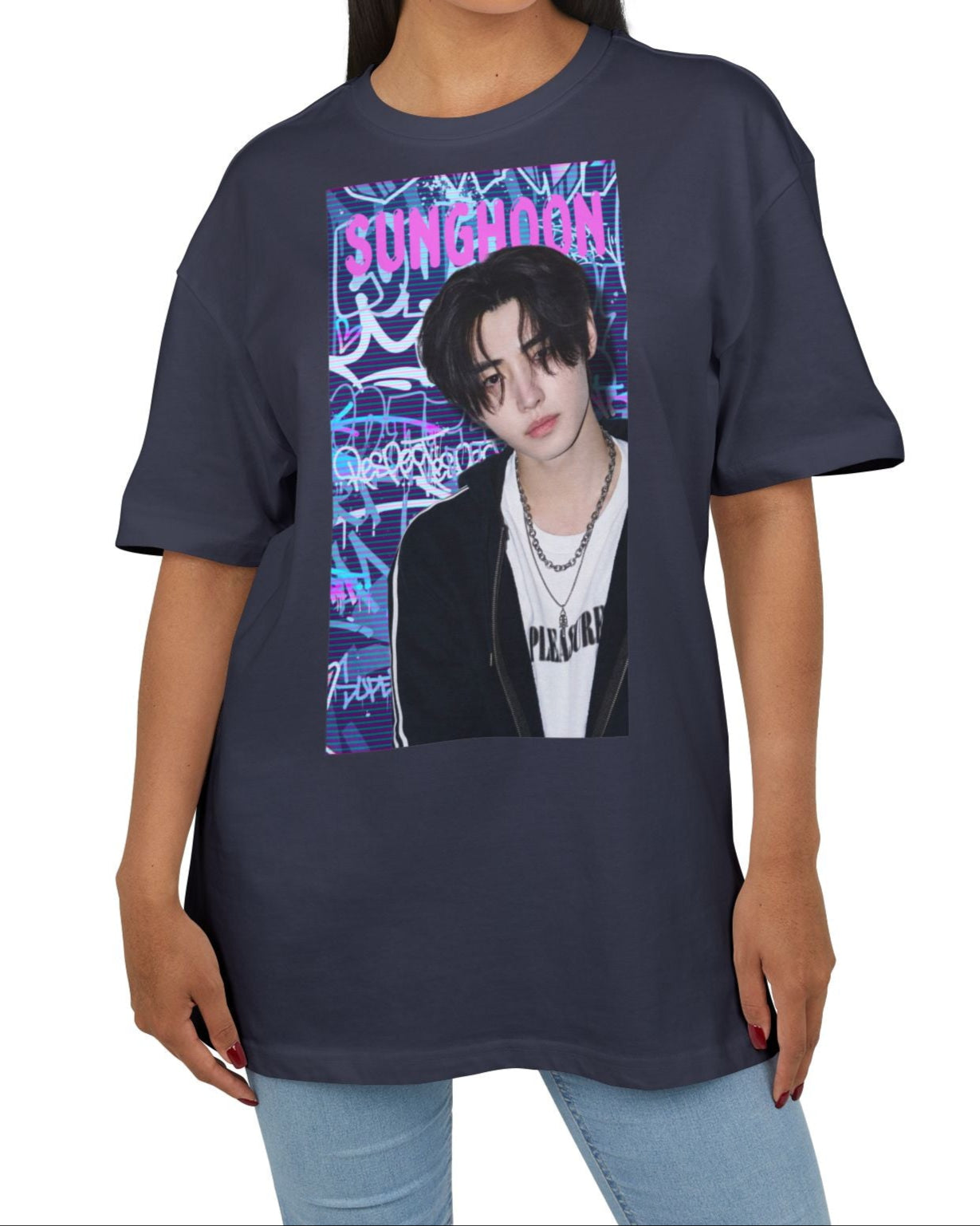 Unisex oversized heavy cotton T-shirt in navy, featuring Sunghoon of ENHYPEN against a violet-blue graffiti backdrop with scan line overlay. From ModeK Vetements.