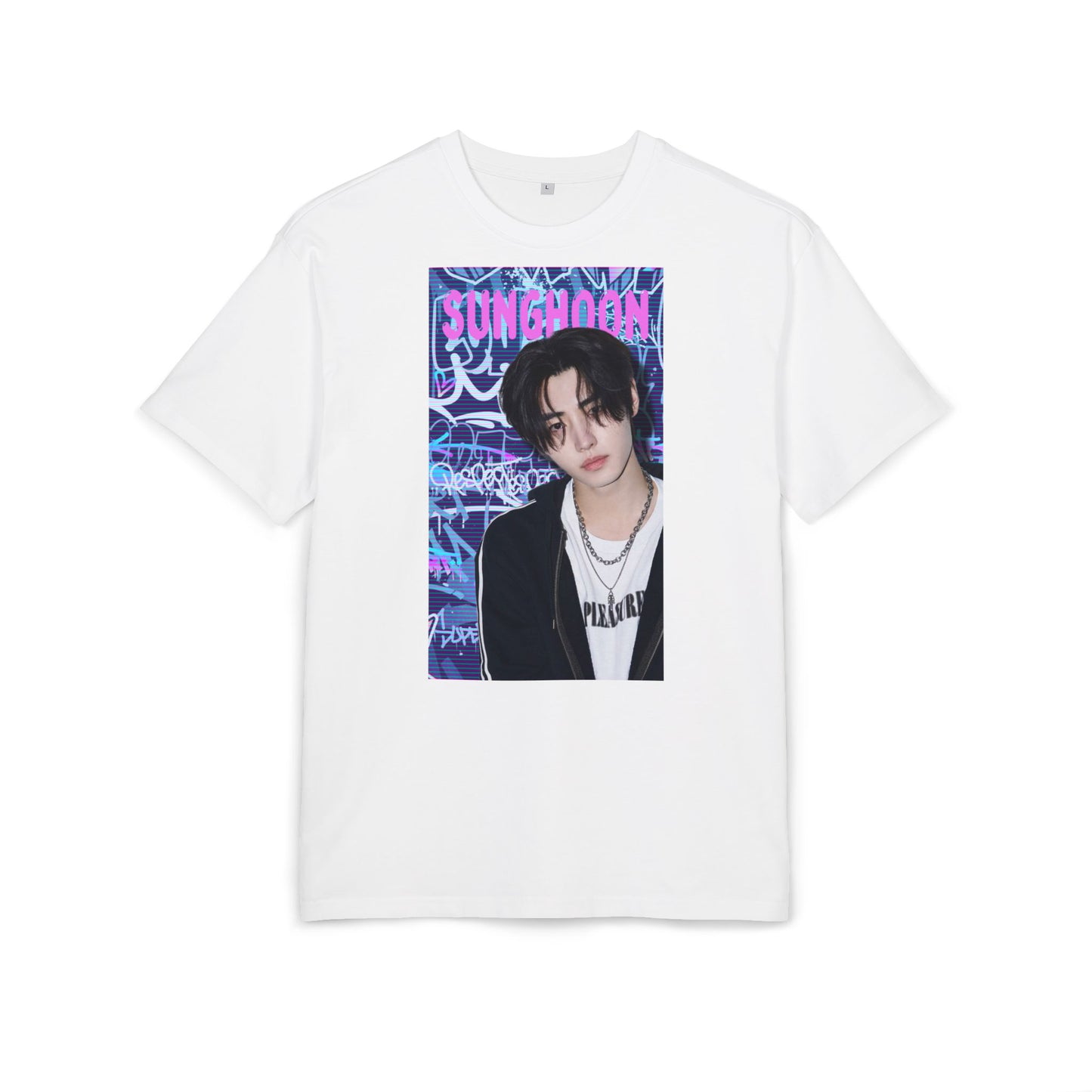 Flat Unisex oversized cotton T-shirt in white, featuring Sunghoon of ENHYPEN against a violet-blue graffiti backdrop with scan line overlay. From ModeK Vetements.