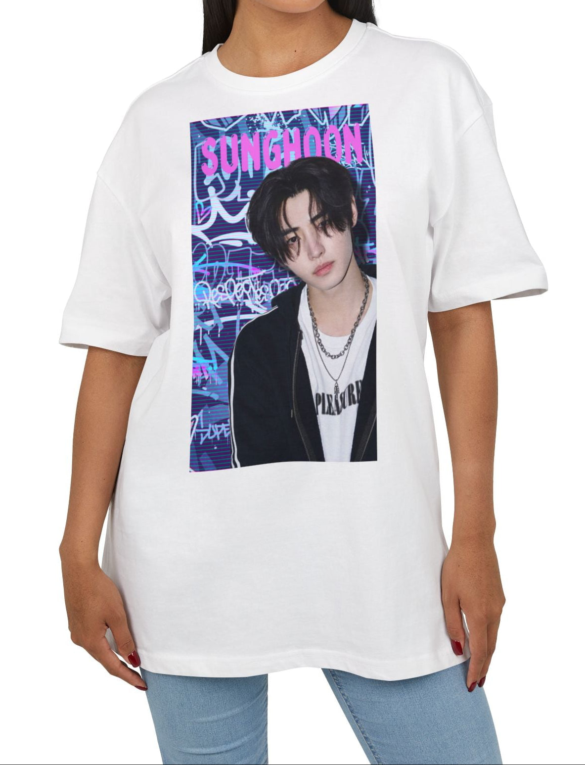 Unisex oversized heavy cotton T-shirt in white, featuring Sunghoon of ENHYPEN against a violet-blue graffiti backdrop with scan line overlay. From ModeK Vetements.