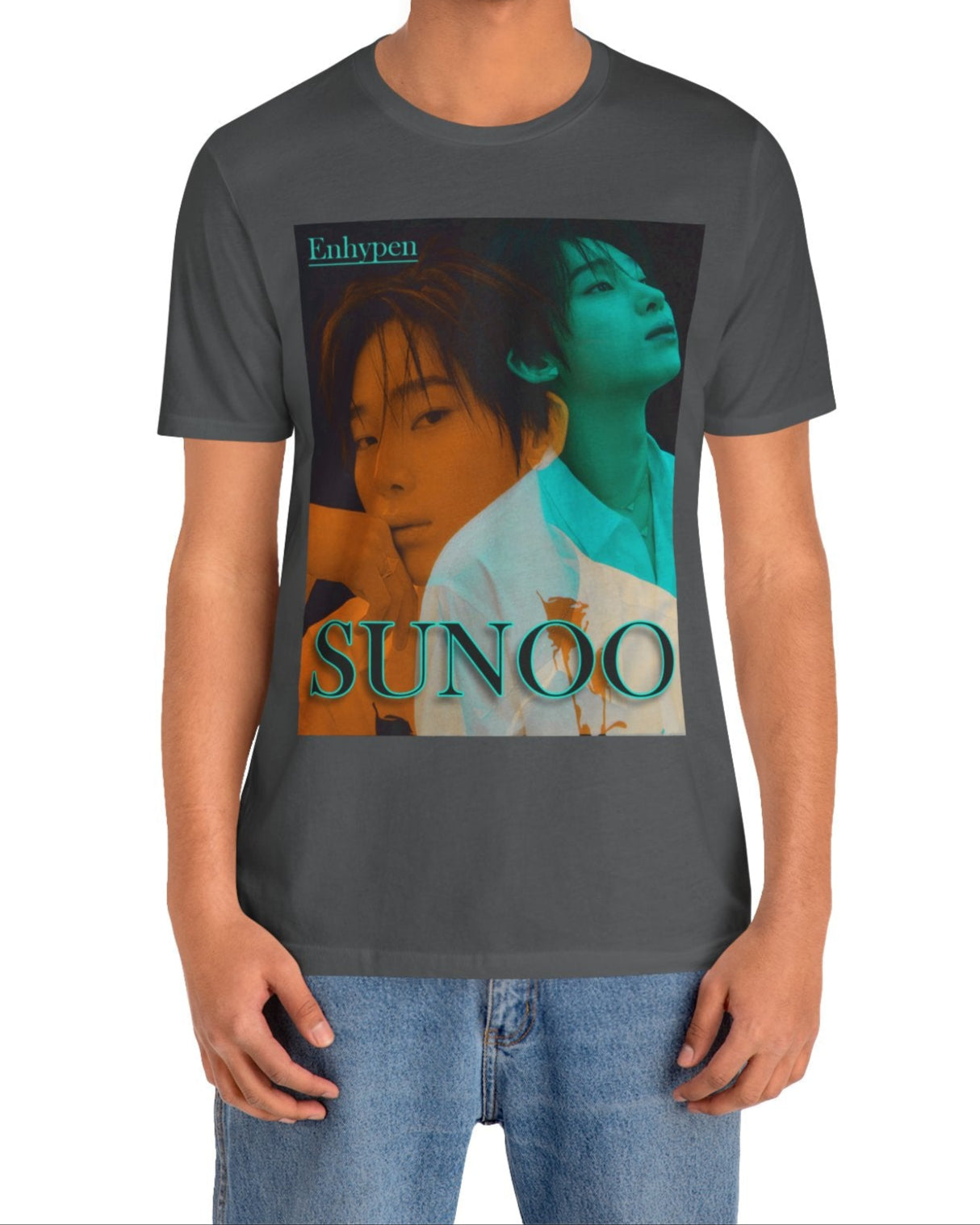 Unisex Airlume combed and ring-spun cotton T-shirt in asphalt, featuring a translucent overlay effect of Sunoo of Enhypen in Mango Tango and Tropical Rain Forest hues for a dreamlike, ethereal mood. From ModeK Vetements.