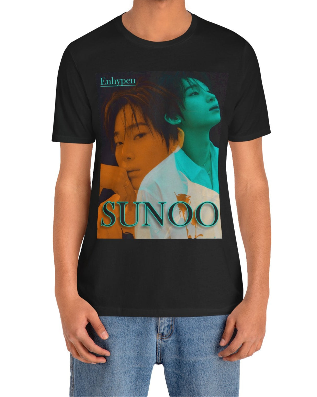 Unisex Airlume combed and ring-spun cotton T-shirt in black, featuring a translucent overlay effect of Sunoo of Enhypen in Mango Tango and Tropical Rain Forest hues for a dreamlike, ethereal mood. From ModeK Vetements.