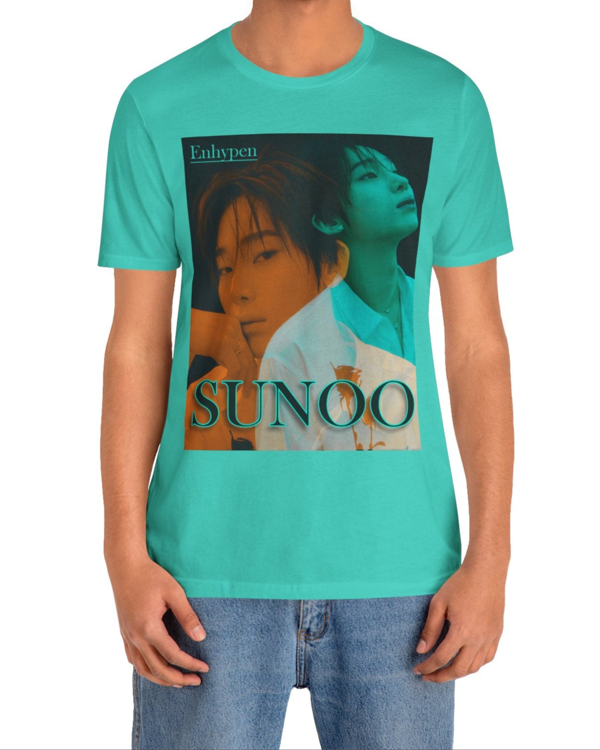 Unisex Airlume combed and ring-spun cotton T-shirt in teal, featuring a translucent overlay effect of Sunoo of Enhypen in Mango Tango and Tropical Rain Forest hues for a dreamlike, ethereal mood. From ModeK Vetements.