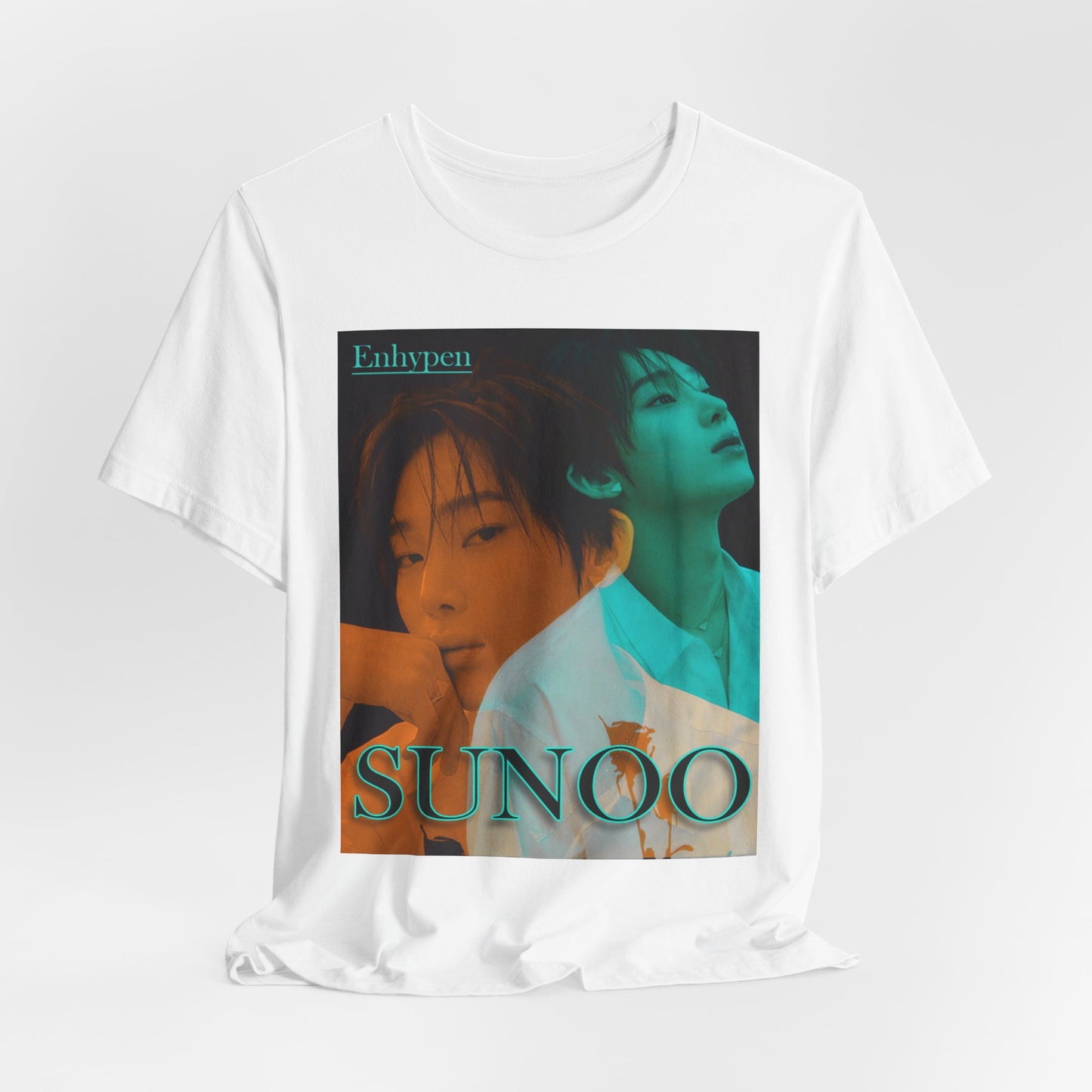 Draped Unisex Airlume combed and ring-spun cotton T-shirt in white, featuring a translucent overlay effect of Sunoo of Enhypen in Mango Tango and Tropical Rain Forest hues for a dreamlike, ethereal mood. From ModeK Vetements.