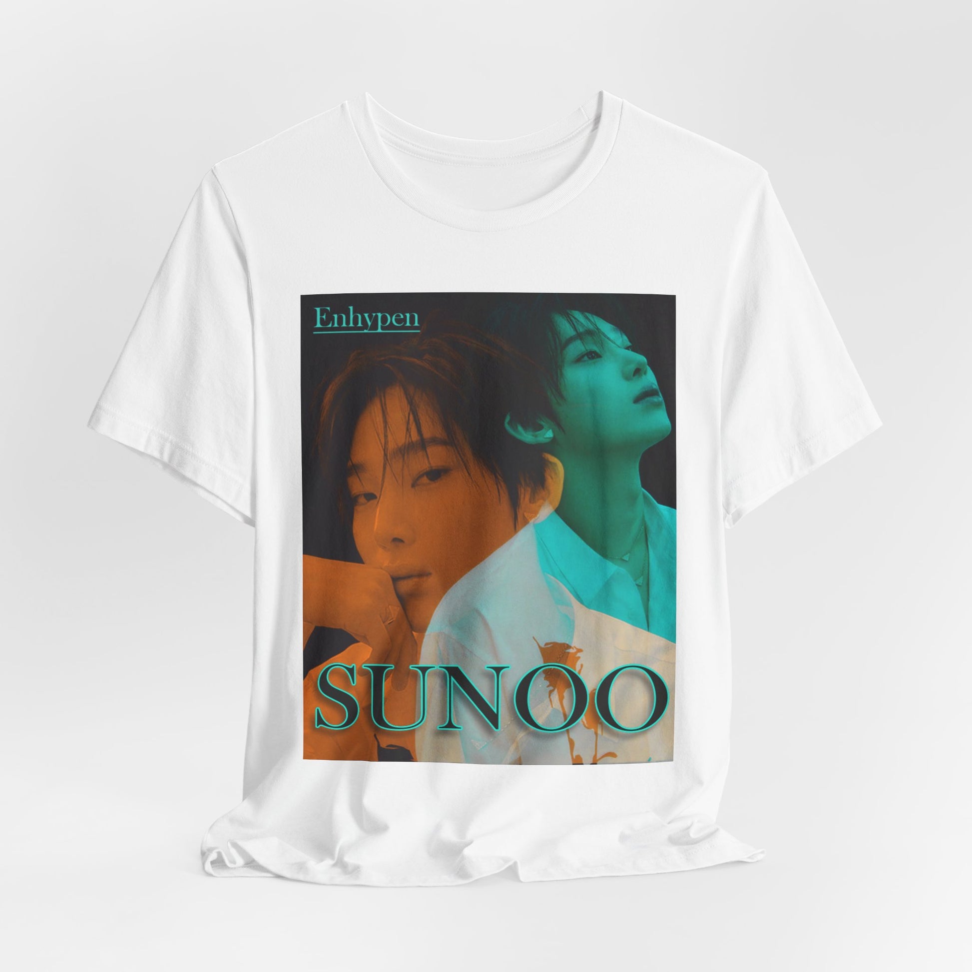 Draped Unisex Airlume combed and ring-spun cotton T-shirt in white, featuring a translucent overlay effect of Sunoo of Enhypen in Mango Tango and Tropical Rain Forest hues for a dreamlike, ethereal mood. From ModeK Vetements.
