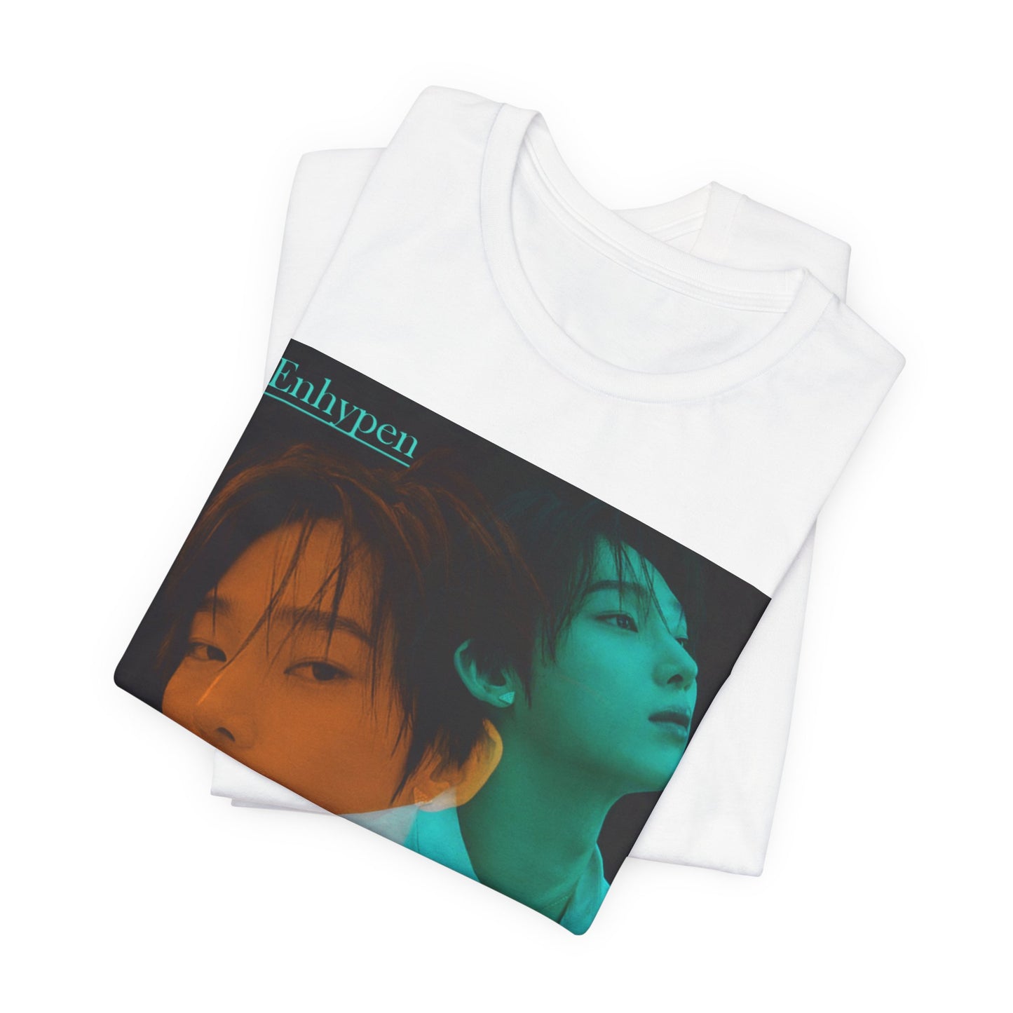 Close-up on the neckline of the Unisex Airlume combed and ring-spun cotton T-shirt in white, featuring a translucent overlay effect of Sunoo of Enhypen in Mango Tango and Tropical Rain Forest hues for a dreamlike, ethereal mood. From ModeK Vetements.