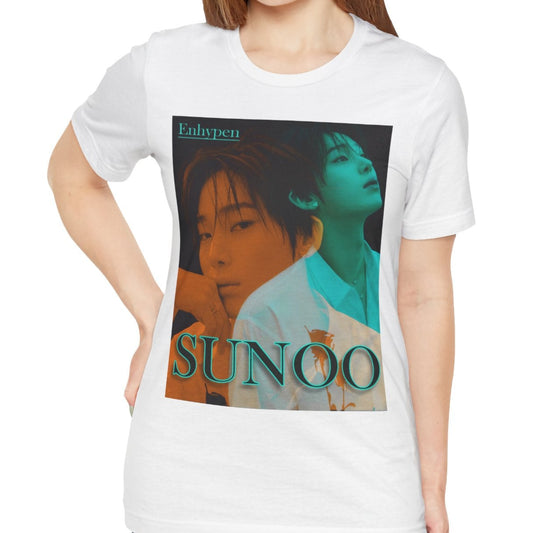 Unisex Airlume combed and ring-spun cotton T-shirt in white, featuring a translucent overlay effect of Sunoo of Enhypen in Mango Tango and Tropical Rain Forest hues for a dreamlike, ethereal mood. From ModeK Vetements.