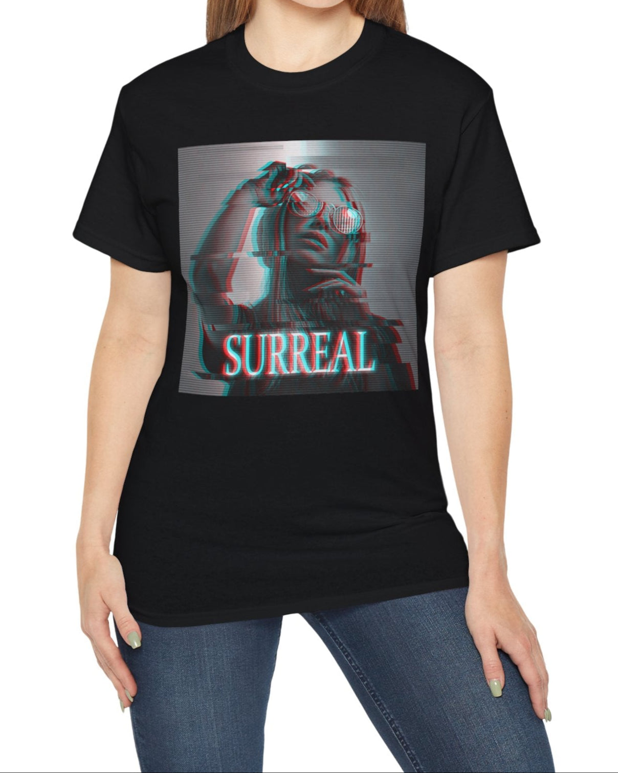 Surreal unisex T-shirt in black, with red-cyan anaglyph and scan line effects, featuring a woman's soft, glitched silhouette — an illusion caught between memory and reality. From ModeK Vetements.