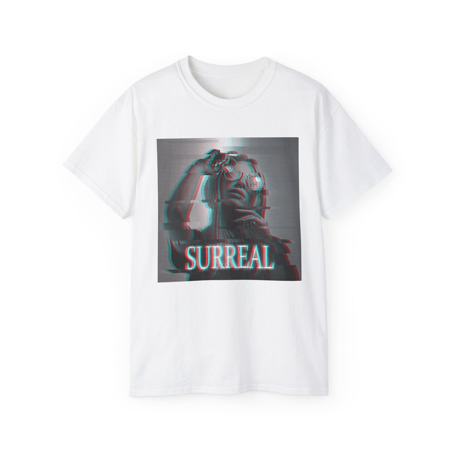 Draped Surreal unisex T-shirt in white, with red-cyan anaglyph and scan line effects, featuring a woman's soft, glitched silhouette — an illusion caught between memory and reality. From ModeK Vetements.