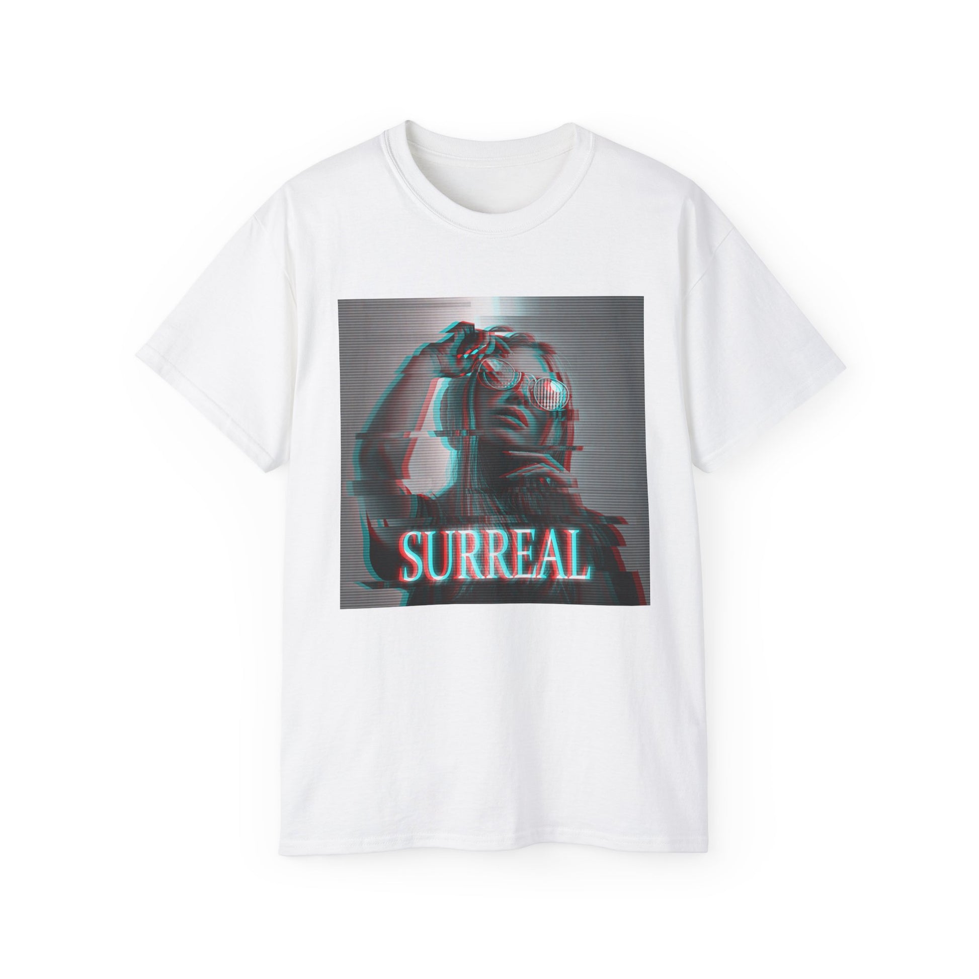 Draped Surreal unisex T-shirt in white, with red-cyan anaglyph and scan line effects, featuring a woman's soft, glitched silhouette — an illusion caught between memory and reality. From ModeK Vetements.