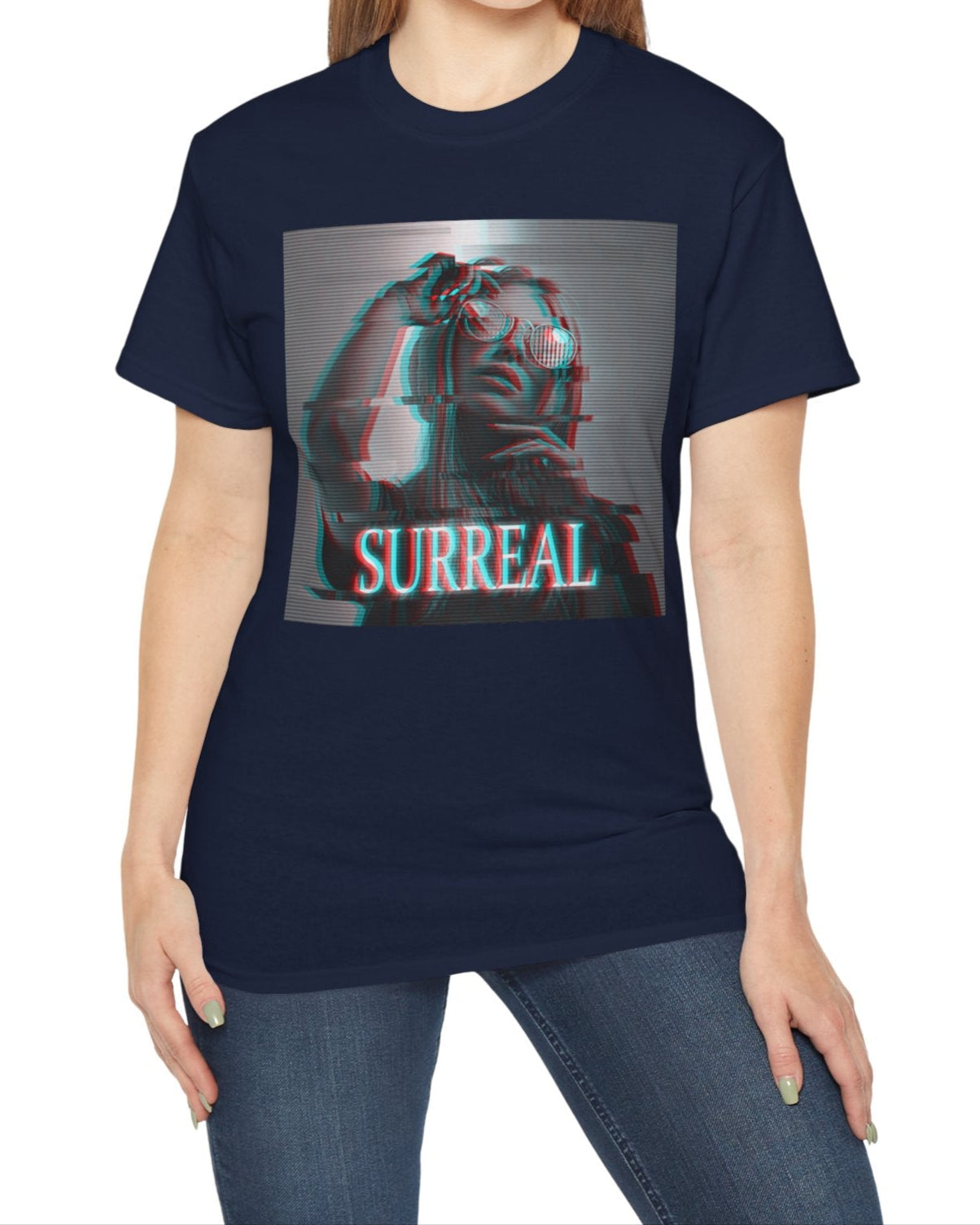 Surreal unisex T-shirt in navy, with red-cyan anaglyph and scan line effects, featuring a woman's soft, glitched silhouette — an illusion caught between memory and reality. From ModeK Vetements.