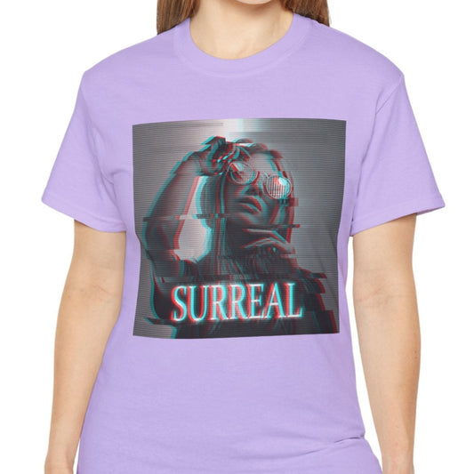 Surreal unisex T-shirt in orchid, with red-cyan anaglyph and scan line effects, featuring a woman's soft, glitched silhouette — an illusion caught between memory and reality. From ModeK Vetements.