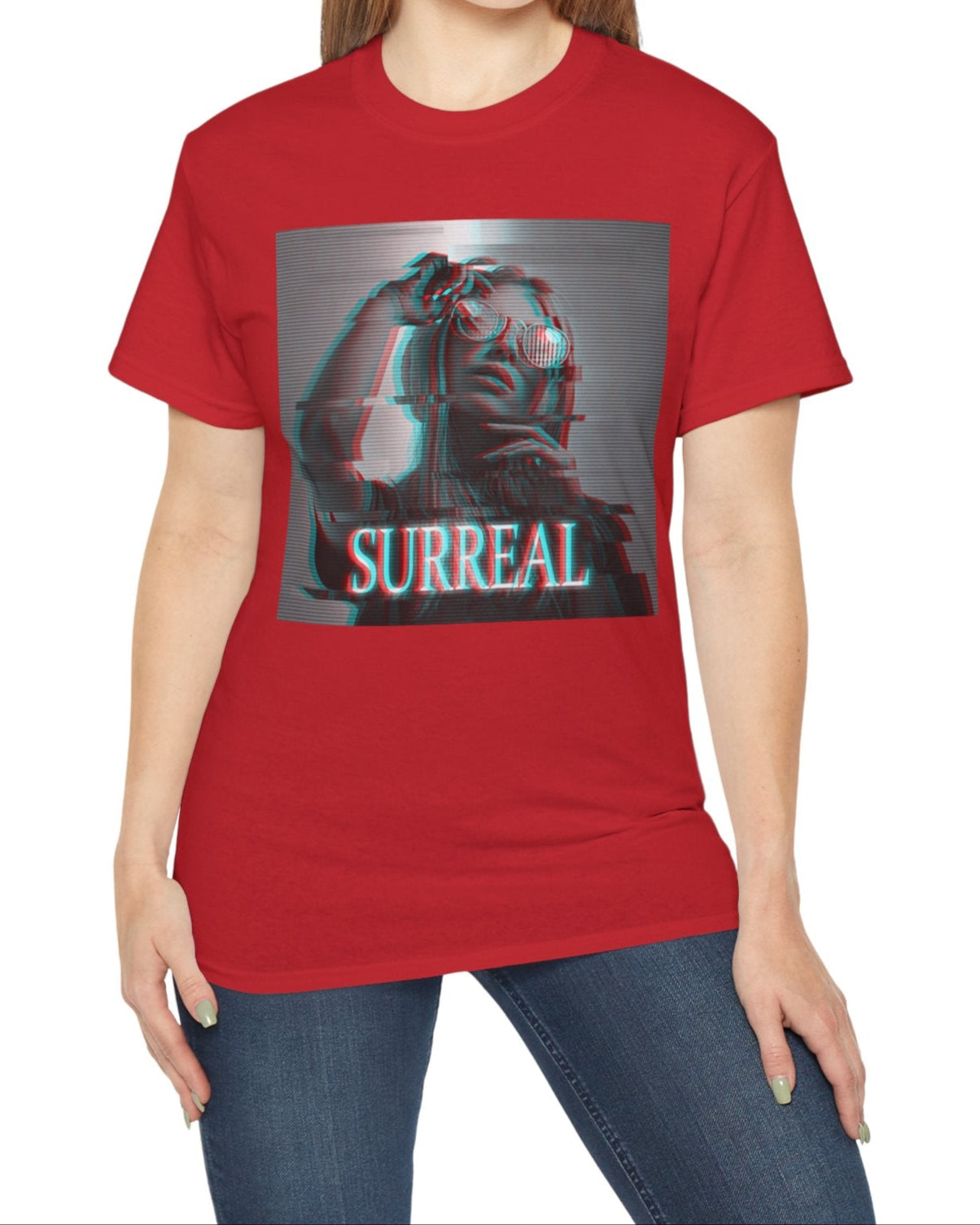 Surreal unisex T-shirt in red, with red-cyan anaglyph and scan line effects, featuring a woman's soft, glitched silhouette — an illusion caught between memory and reality. From ModeK Vetements.